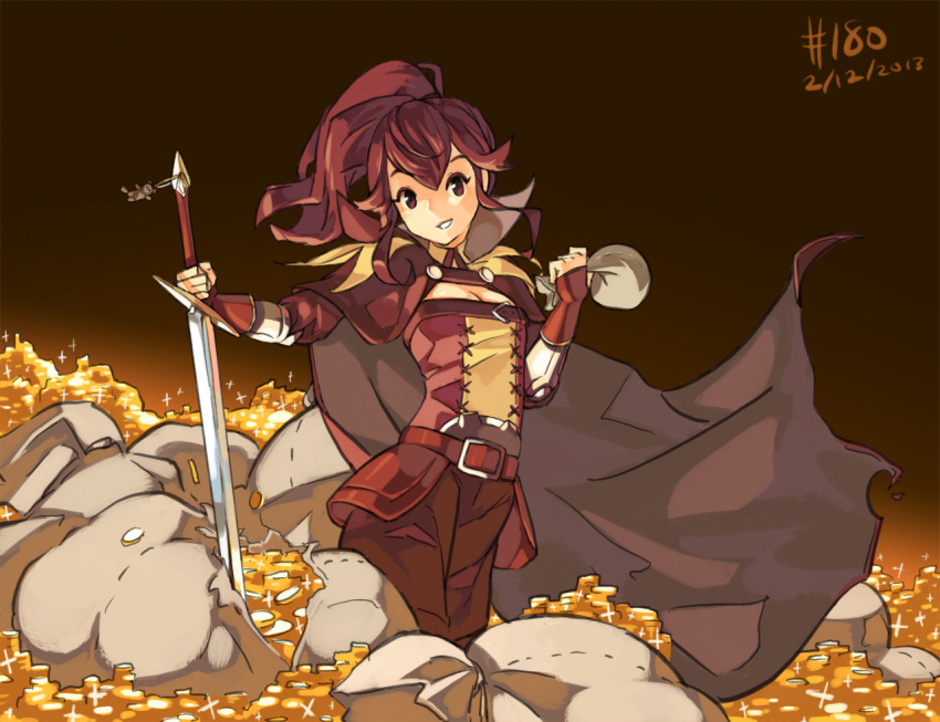 1girl anna_(fire_emblem) belt cape coin coin_purse european_clothes fire_emblem fire_emblem:_kakusei gold holding holding_weapon junkpuyo looking_at_viewer red_eyes redhead smile solo solo_focus sword weapon