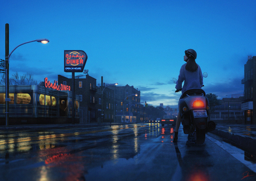 1girl black_hair blue_sky building cat city clouds cloudy_sky diner door evening female from_behind ground_vehicle jacket light long_hair motor_vehicle motorcycle new_york on_vehicle original outdoors power_lines radio_antenna reflection restaurant road satellite_dish sky solo standing street tamaki_(tamaki_illust) telephone_pole wet white_jacket window