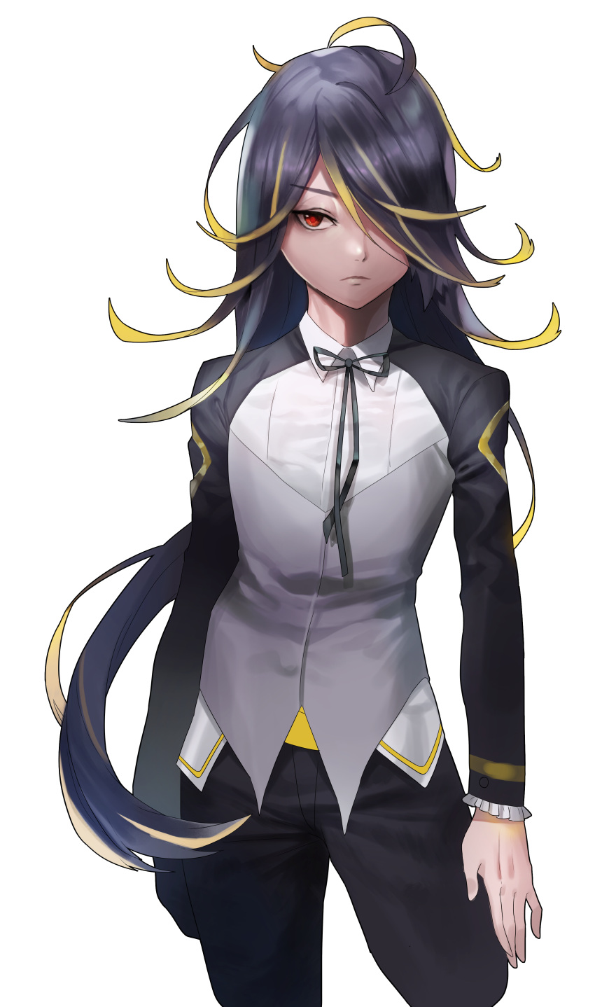 absurdres black_hair blonde_hair contrapposto curly_hair hair_over_one_eye highres long_hair looking_at_viewer multicolored_hair osuti personification pokemon pokemon_(game) red_eyes ribbon solo umbreon very_long_hair
