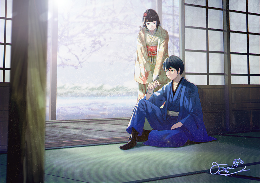 1boy 1girl animal animal_on_shoulder backlighting bare_tree bead_bracelet beads bird bird_on_hand bird_on_shoulder black_hair bracelet brown_hair flower fusui hair_flower hair_ornament hanten_(clothes) indoors japanese_clothes jewelry jinbei_(clothes) kimono leaning_forward lens_flare light_particles looking_at_another looking_down obi original sash scenery short_hair signature sitting sliding_doors smile snow snowing tatami tree winter