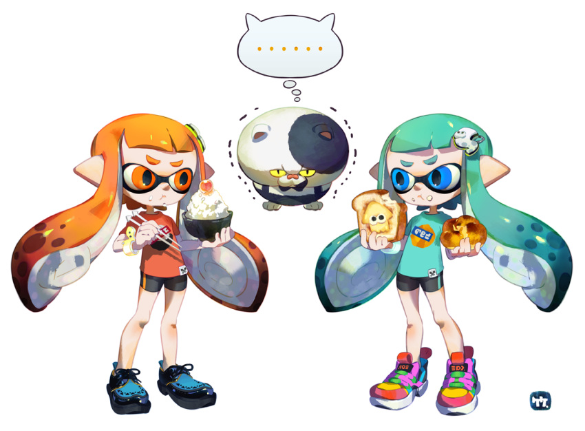 &gt;:t ... 2girls :t animal_ears aqua_hair aqua_shirt bike_shorts blue_eyes bow bowtie cat cat_ears chopsticks closed_mouth domino_mask food food_on_face full_body hair_ornament inkling jajji-kun_(splatoon) long_hair mask multiple_girls orange_eyes orange_hair red_shirt rice rice_bowl rice_on_face shirt shoes short_sleeves simple_background single_vertical_stripe sneakers splatoon squid standing take_(illustrator) tentacle_hair thought_bubble toast trembling white_background