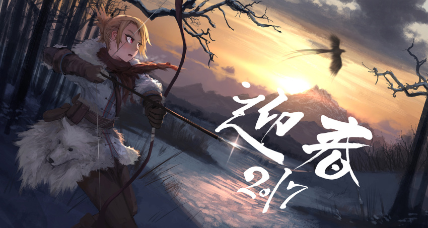 1girl 2017 archery arrow bare_tree belt bird blonde_hair bow_(weapon) dutch_angle folded_ponytail forest ginho gloves happy_new_year highres hunting looking_up mountain nature new_year original pheasant pouch red_eyes scarf scenery sky snow solo sunset translated tree weapon winter winter_clothes wolf