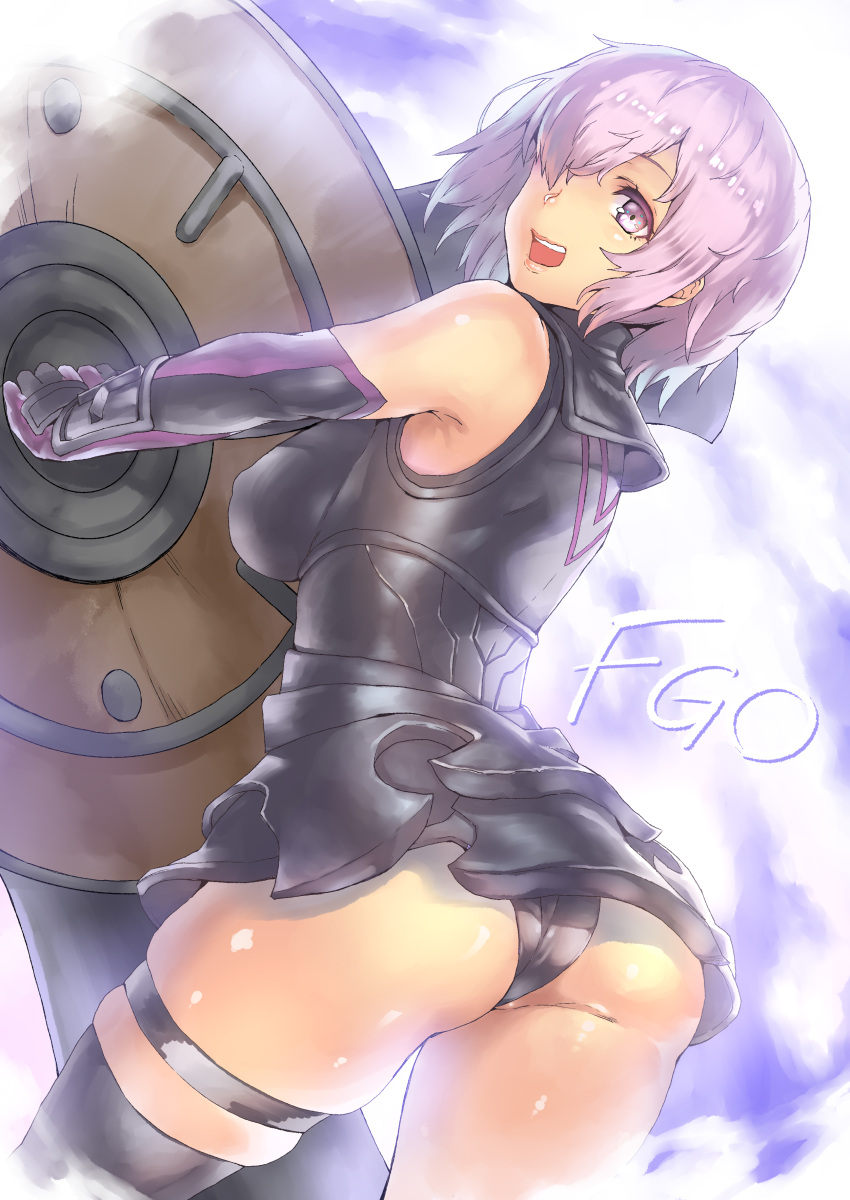 1girl absurdres ass breasts elbow_gloves erect_nipples fate/grand_order fate_(series) gloves hair_over_one_eye highres looking_at_viewer looking_back medium_breasts pokkora purple_hair purple_legwear shield shielder_(fate/grand_order) single_thighhigh skindentation smile solo thigh-highs thighs violet_eyes