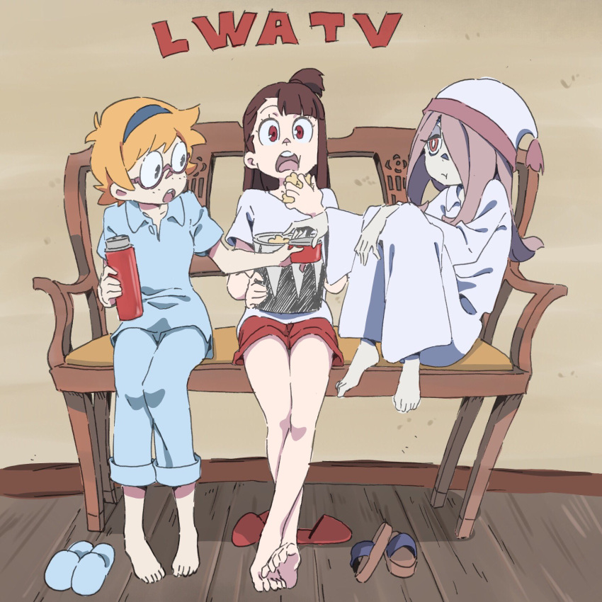 3girls akko_kagari food glasses hat highres kengo_saito little_witch_academia lotte_yanson multiple_girls nightcap official_art polo_shirt popcorn red_eyes shirt slippers sucy_manbabalan t-shirt thermos