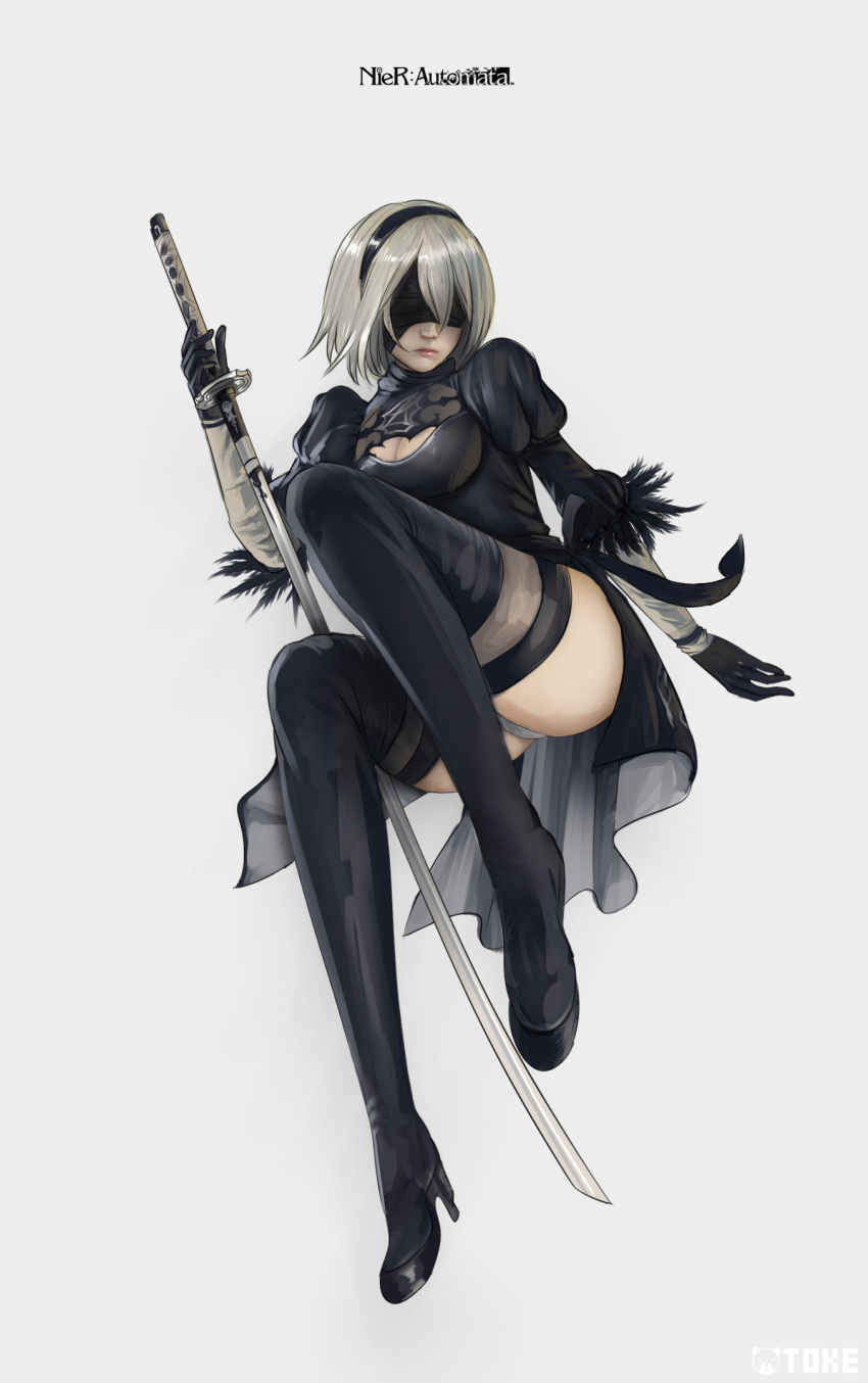 1girl android artist_name ass black_boots black_dress black_gloves black_hairband black_legwear blindfold boots breasts cleavage cleavage_cutout closed_mouth copyright_name covered_eyes dress erect_nipples full_body gloves hairband high_heel_boots high_heels highres holding holding_sword holding_weapon juliet_sleeves katana long_sleeves mawa_setiawan medium_breasts nier_(series) nier_automata panties pantyshot pink_lips puffy_sleeves short_dress short_hair silver_hair solo sword thigh-highs thigh_boots underwear unsheathed weapon white_panties yorha_unit_no._2_type_b