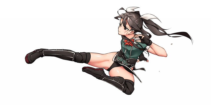 1girl boots brown_eyes brown_hair fingerless_gloves flying_kick groin_tendon kantai_collection kicking long_hair muscle pelvic_curtain sivay solo thigh-highs thigh_boots thighs tone_(kantai_collection) twintails