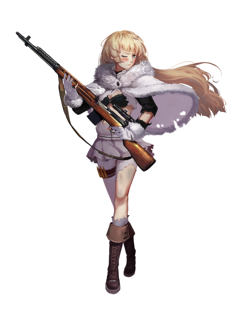1girl ammunition black_bra blonde_hair blue_eyes blush boots bra breasts buttons cleavage cleavage_cutout coat denim full_body fur-trimmed_coat fur-trimmed_sleeves girls_frontline gloves gun hair_lift highres holding holding_gun holding_weapon jacket jeans large_breasts long_hair looking_to_the_side official_art one_eye_closed pants personification pleated_skirt rifle skirt sniper_rifle solo svt-38 svt-38_(girls_frontline) torn_clothes torn_jacket torn_jeans track_jacket transparent_background trigger_discipline underwear very_long_hair walking weapon white_gloves white_jacket white_skirt