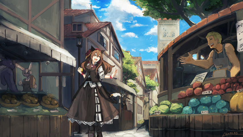 2boys 2girls animal_ears apron blonde_hair blue_sky boots brown_eyes brown_hair brown_skirt brown_vest building bunny_girl bunny_paws cabbage closed_eyes cobblestone comic fantasy food fruit hand_up holding holding_food kerchief lamppost lansane long_hair long_sleeves mouse_ears multiple_boys multiple_girls open_mouth original rabbit_ears road shadow shirt short_hair sidelocks sign silent_comic skirt sky sleeveless sleeveless_shirt sleeves_rolled_up smile stall storefront street tower tree waving white_shirt window wolf_ears wristband