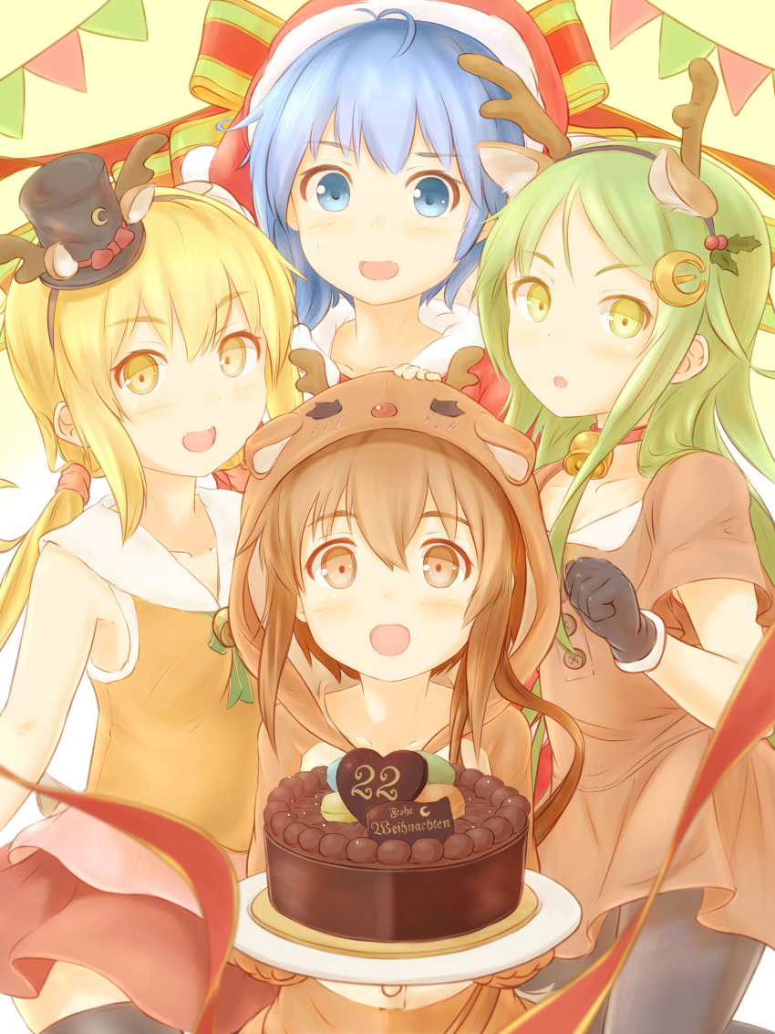 4girls :d :o absurdres alternate_costume animal_costume animal_ears antlers bangs bell bell_collar black_gloves black_legwear blonde_hair blue_eyes blue_hair blush bow breasts brown_eyes brown_hair buttons cake chocolate_cake christmas collar collarbone crescent crescent_hair_ornament crescent_moon_pin eyebrows_visible_through_hair fake_animal_ears fang food food_writing fumizuki_(kantai_collection) fur-trimmed_gloves fur_trim german gloves gradient gradient_background green_eyes green_hair hair_ornament hairband hand_on_another's_head hat heart highres holding holding_tray holly_hair_ornament hood_up jingle_bell kantai_collection long_hair long_sleeves looking_at_viewer low_twintails minazuki_(kantai_collection) mini_hat mini_top_hat multiple_girls nagatsuki_(kantai_collection) open_mouth pantyhose red_bow reindeer_antlers reindeer_costume reindeer_ears reindeer_hood remodel_(kantai_collection) sailor_collar santa_costume santa_hat satsuki_(kantai_collection) short_hair short_sleeves skirt sleeveless small_breasts smile string_of_flags suzushiro_(gripen39) sweatdrop thigh-highs top_hat tray twintails yellow_eyes
