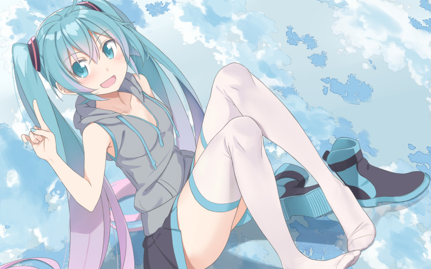 1girl aqua_eyes aqua_hair beek full_body hatsune_miku highres hood hoodie index_finger_raised long_hair looking_at_viewer nail_polish open_mouth pigeon-toed shoes_removed sitting sleeveless sleeveless_hoodie solo thigh-highs twintails very_long_hair vocaloid white_legwear