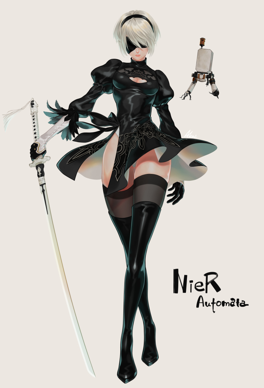 1girl absurdres arm_at_side bangs black_boots black_dress black_gloves black_legwear blindfold boots breasts cleavage cleavage_cutout closed_mouth copyright_name covered_eyes dress full_body gloves hairband highres holding holding_sword holding_weapon iroha_(akei0710) katana legs_crossed lips mole mole_under_mouth nier_(series) nier_automata panties panty_peek pod_(nier_automata) puffy_sleeves robot shiny shiny_clothes short_dress short_hair side_slit silver_hair simple_background small_breasts swept_bangs sword tassel thigh-highs thigh_boots turtleneck underwear upskirt vambraces watson_cross weapon white_hair white_panties yorha_unit_no._2_type_b
