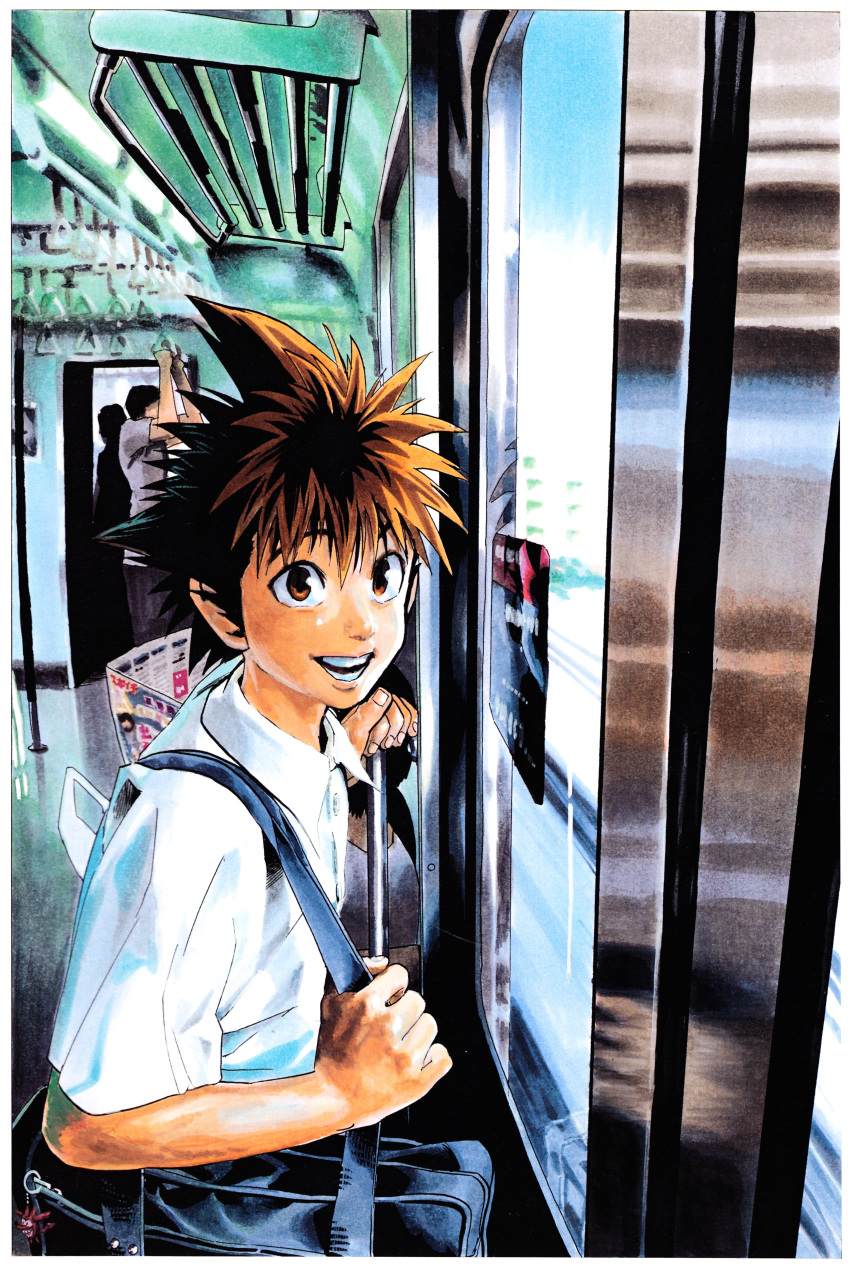 1boy absurdres artist_request bag black_hair brown_eyes brown_hair eyeshield_21 ground_vehicle highres journal kobayakawa_sena looking_at_viewer male_focus open_mouth school_bag school_uniform solo subway train train_interior