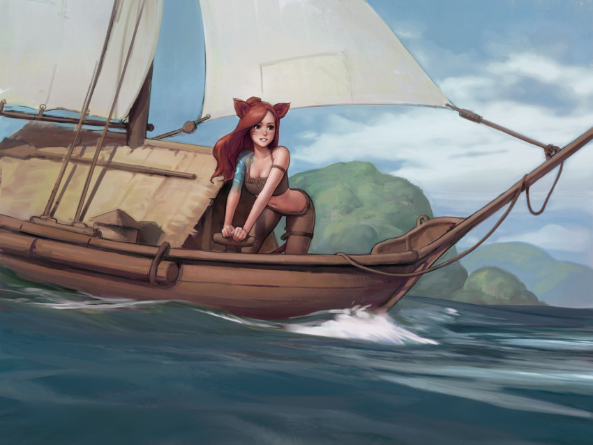 1girl animal_ears bangs blue_eyes boat borrowed_character breasts cat_ears cleavage commentary final_fantasy final_fantasy_xiv grin highres i0525 leaning_forward medium_breasts midriff miqo'te ocean one_side_up pants parted_bangs redhead sailing smile solo tattoo watercraft whisker_markings