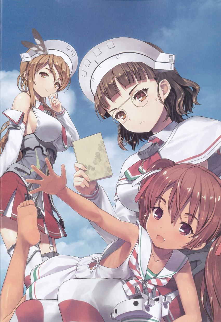 3girls absurdres anchor armpits bangs bare_shoulders barefoot blue_background book breasts brown_eyes brown_hair clouds dress eyebrows_visible_through_hair fang feathers feet garter_straps glasses hair_between_eyes hair_ribbon hand_on_own_cheek hat headgear headwear_removed highres holding holding_book jiji kantai_collection large_breasts libeccio_(kantai_collection) light_brown_hair littorio_(kantai_collection) long_hair long_twintails looking_at_viewer multicolored_necktie multiple_girls necktie official_art open_hand open_mouth pince-nez red_ribbon red_skirt ribbon roma_(kantai_collection) sailor_dress scan short_hair sideboob sitting sitting_on_lap sitting_on_person skirt sky small_breasts smile soles standing striped striped_legwear thigh-highs toes twintails wavy_hair white_legwear white_ribbon zettai_ryouiki