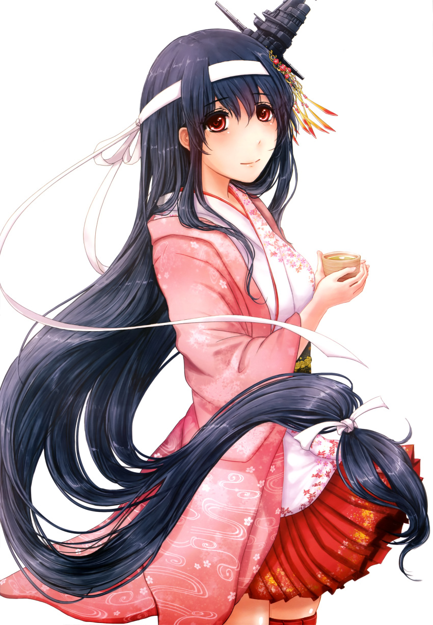 1girl absurdres black_hair breasts cherry_blossoms cup eyebrows_visible_through_hair floral_print flower fusou_(kantai_collection) green_tea hair_ornament hair_ribbon headband highres holding holding_cup japanese_clothes kantai_collection kimono long_hair looking_at_viewer low_ponytail miko miniskirt nontraditional_miko official_art pagoda pink_kimono red_eyes red_skirt remodel_(kantai_collection) ribbon rikka_(rikka331) scan simple_background skirt smile solo tea teacup very_long_hair white_background white_clothes white_ribbon