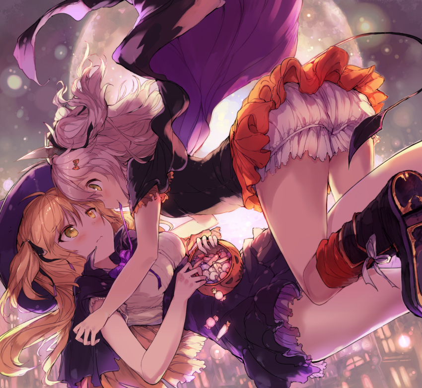 2girls 3: bangs basket black_ribbon blonde_hair blush boots breasts camomi capelet closed_mouth evening eye_contact full_moon green_eyes hair_between_eyes hair_ribbon halloween hat heterochromia holding holding_basket light_particles long_hair looking_at_another moon mouth_hold multiple_girls orange_skirt original petticoat puffy_shorts purple_ribbon purple_skirt ribbon ribbon_in_mouth shirt short_sleeves shorts skirt small_breasts smile thighs two_side_up white_shirt witch_hat yellow_eyes yuri