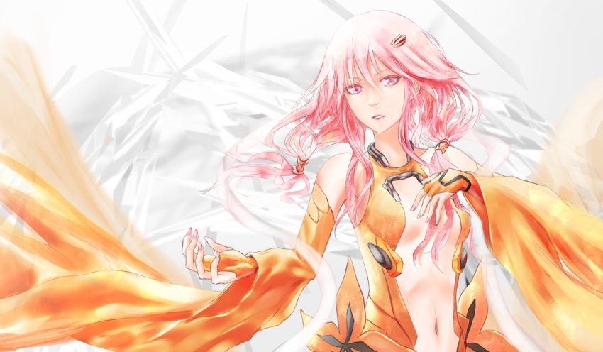 1girl bare_shoulders breasts center_opening cleavage detached_sleeves elbow_gloves fingerless_gloves gloves guilty_crown hair_ornament hairclip highres long_hair navel pink_eyes pink_hair solo tanikku twintails yuzuriha_inori