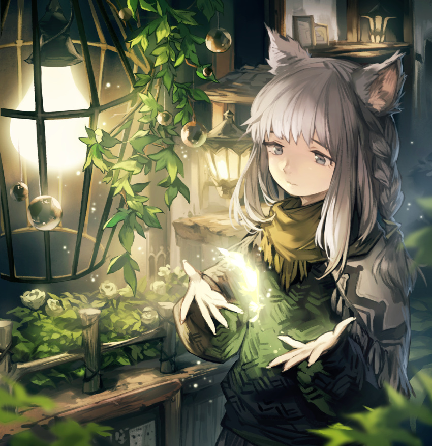 1girl animal_ears blurry braid cat_ears dark depth_of_field fantasy feathers fence flower frown glowing glowing_feather grey_eyes hands_up highres lamp lee_hyeseung light light_particles long_hair night original sad scarf shawl silver_hair solo