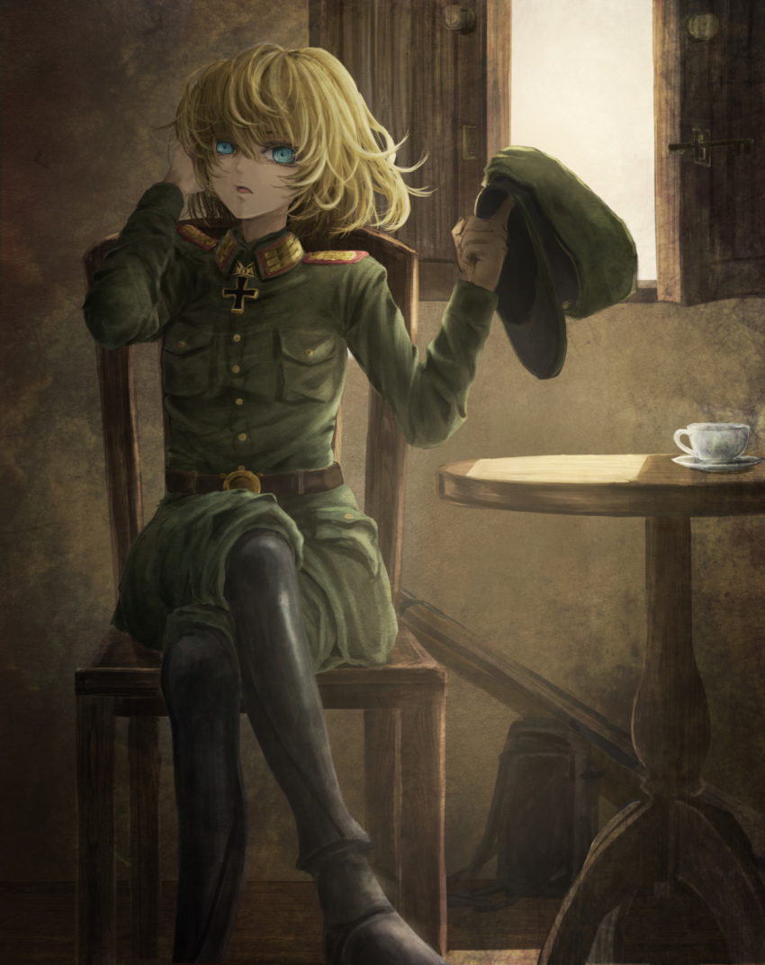 1girl blonde_hair blue_eyes boots chair cup hat hat_removed headwear_removed highres k_ryo legs_crossed looking_at_viewer military military_hat military_uniform parted_lips saucer short_hair sitting solo tanya_degurechaff teacup uniform youjo_senki