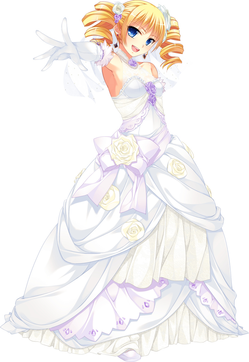 1girl absurdres blonde_hair blue_eyes blush dress drill_hair earrings elbow_gloves frills full_body gloves hair_ornament highres jewelry kantaka koihime_musou looking_at_viewer open_mouth smile solo sousou_(koihime_musou) standing transparent_background twintails veil wedding_dress