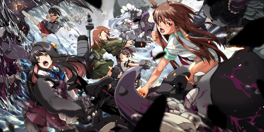 &gt;:o &gt;;o 6+girls :o bangs bare_arms bare_shoulders battlefield black_hair black_legwear blouse blurry breasts broken brown_eyes brown_hair burning_hand character_request clenched_hand clenched_hands debris depth_of_field detached_sleeves dress firing flat_chest gloves green_skirt grey_sky hair_between_eyes hair_ribbon hand_on_own_head headgear highres holding holding_weapon incoming_punch kantai_collection kicking kuma_(kantai_collection) liquid long_hair long_sleeves looking_at_viewer looking_to_the_side machinery medium_breasts midriff monster multicolored_hair multiple_girls murakumo_(kantai_collection) naganami_(kantai_collection) nagara_(kantai_collection) ocean ooi_(kantai_collection) open_mouth outdoors outstretched_arm outstretched_arms own_hands_together panties pantyhose pink_hair pleated_skirt profile red_panties red_skirt remodel_(kantai_collection) ribbon sailor_collar sailor_dress school_uniform serafuku shikinami_(kantai_collection) shinkaisei-kan shiny shiny_hair short_dress short_shorts short_sleeves shorts silver_hair skirt skirt_lift small_breasts smoke sweat tabigarasu teeth thigh-highs thigh_strap tongue turret two-tone_hair underwear very_long_hair waves weapon white_blouse white_dress white_legwear white_shorts wind wind_lift yellow_eyes