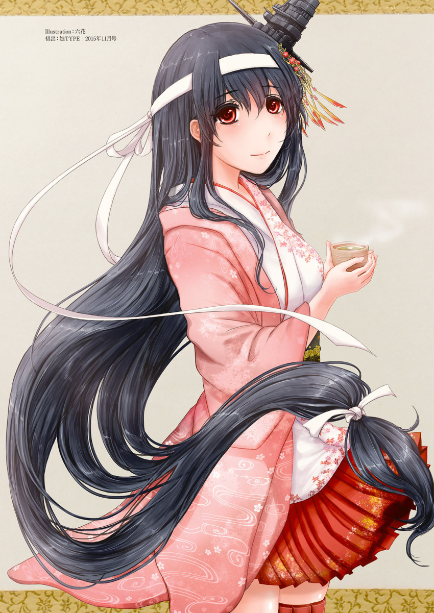 1girl 2015 artist_name bangs black_hair blush breasts cherry_blossoms cup eyebrows_visible_through_hair floral_print flower fusou_(kantai_collection) green_tea hair_flower hair_ornament hair_ribbon highres holding holding_cup japanese_clothes kantai_collection kimono light_brown_background long_hair looking_at_viewer low_ponytail miniskirt nontraditional_miko obi official_art pagoda pink_kimono red_eyes red_skirt remodel_(kantai_collection) ribbon rikka_(rikka331) sash simple_background skirt smile smoke solo tea teacup text very_long_hair white_ribbon