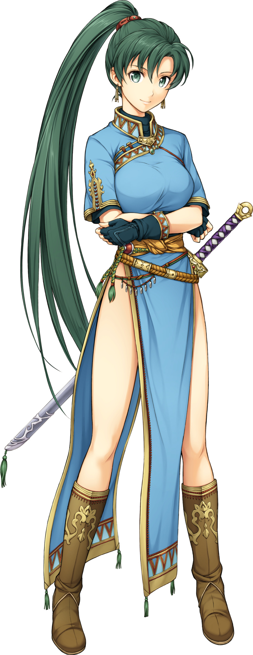 1girl absurdres artist_request bare_legs boots breasts closed_mouth crossed_arms dress earrings female fingerless_gloves fire_emblem fire_emblem:_rekka_no_ken fire_emblem_heroes full_body gloves green_eyes green_hair high_ponytail highres jewelry knee_boots leg_up long_ponytail looking_at_viewer lyndis_(fire_emblem) medium_breasts official_art pelvic_curtain side_slit simple_background smile solo standing sword transparent_background weapon