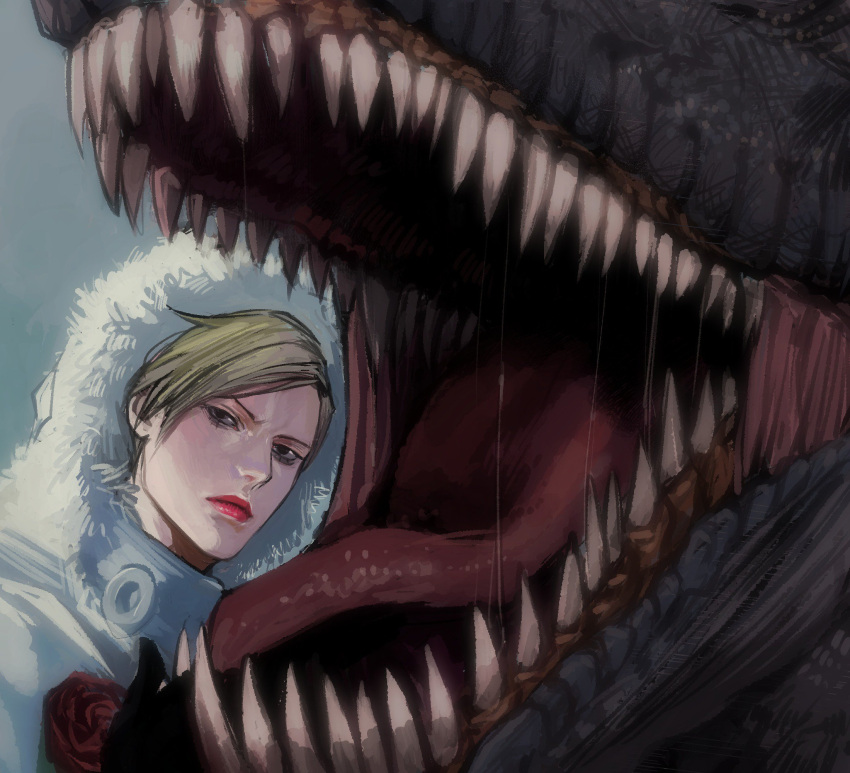 1boy blonde_hair coat dinosaur doctor_ferdinand highres hood jojo_no_kimyou_na_bouken lipstick makeup male_focus meron_nouka open_mouth red_lipstick saliva sharp_teeth steel_ball_run teeth tongue winter_clothes winter_coat