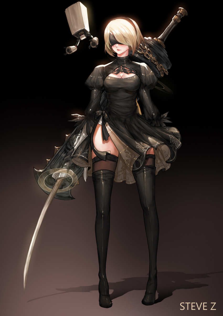1girl absurdres android artist_name black_boots black_dress black_gloves black_hairband black_legwear blindfold blush boots breasts chains cleavage cleavage_cutout closed_mouth covered_eyes dress drone floating full_body gloves hair_over_one_eye hairband high_heel_boots high_heels highres holding holding_sword holding_weapon huge_weapon juliet_sleeves katana legs_apart long_sleeves machinery medium_breasts mole mole_under_mouth nier_(series) nier_automata pink_lips pod_(nier_automata) puffy_sleeves robot shadow short_dress short_hair silver_hair solo standing steve_zheng sword thigh-highs thigh_boots unsheathed weapon weapon_on_back yorha_unit_no._2_type_b