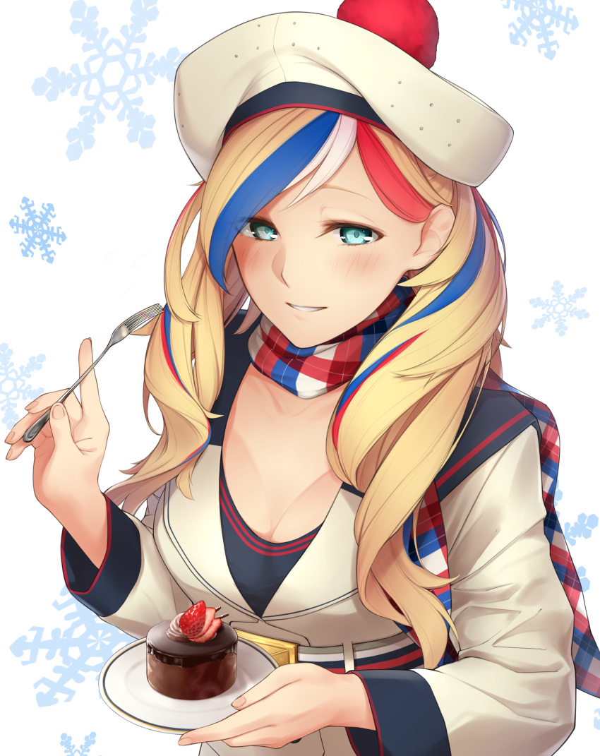 1girl 2016 absurdres belt belt_buckle beret blonde_hair blue_eyes blue_hair breasts buckle cake cleavage collarbone commandant_teste_(kantai_collection) enosan fingernails food french fruit grin hat highres holding_fork kantai_collection long_hair long_sleeves looking_at_viewer matching_hair/eyes medium_breasts multicolored_hair multicolored_scarf plate redhead scarf smile snowflake_background solo strawberry white_background white_hair