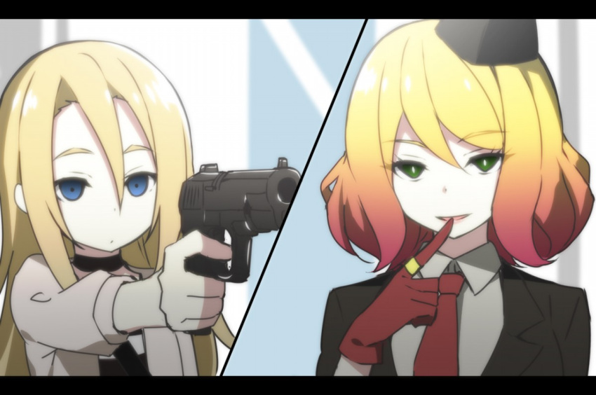 2girls black_hat blonde_hair blue_eyes cathy_(satsuriku_no_tenshi) closed_mouth collar empty_eyes fake_screenshot finger_on_trigger finger_to_mouth formal garrison_cap gloves gradient_hair green_eyes gun hair_between_eyes half-closed_eyes hat holding holding_gun holding_weapon jewelry letterboxed mini_hat multicolored_hair multiple_girls necktie parted_lips rachel_gardner red_gloves red_necktie redhead ring satsuriku_no_tenshi short_hair sky_(freedom) suit upper_body weapon
