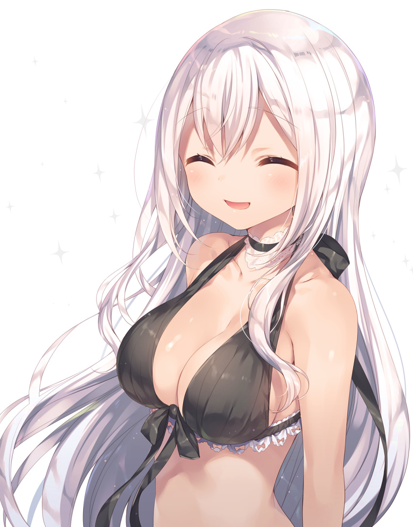 1girl :d ^_^ ^o^ arms_at_sides bangs bare_shoulders bikini bikini_top black_bikini black_ribbon blush breasts choker cleavage closed_eyes collarbone eyebrows_visible_through_hair front-tie_bikini front-tie_top highres komeshiro_kasu lace long_hair medium_breasts open_mouth original ribbon shiny shiny_hair shiny_skin silver_hair simple_background smile sparkle swimsuit very_long_hair white_background