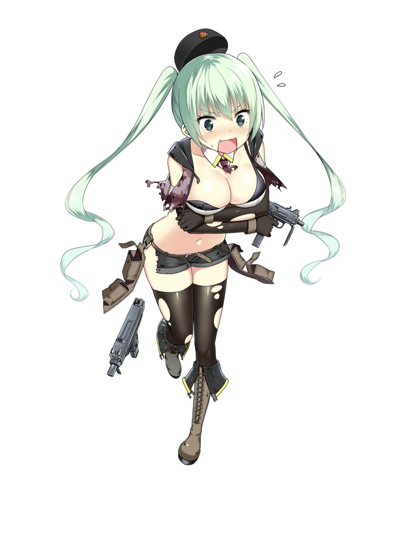 &gt;:o 1girl :o aqua_eyes aqua_hair belt black_gloves blush boots breast_hold breasts cleavage cleavage_cutout detached_sleeves eyebrows eyebrows_visible_through_hair finger_on_trigger flying_sweatdrops full_body girls_frontline gloves gun hat highres holding holding_gun holding_weapon holster imi_uzi large_breasts long_sleeves long_twintails looking_away micro_uzi_(girls_frontline) navel necktie nose_blush official_art one_leg_raised open_mouth personification short_shorts shorts sky_(freedom) solo submachine_gun surprised sweat thigh-highs torn_clothes torn_shorts torn_thighhighs transparent_background twintails weapon