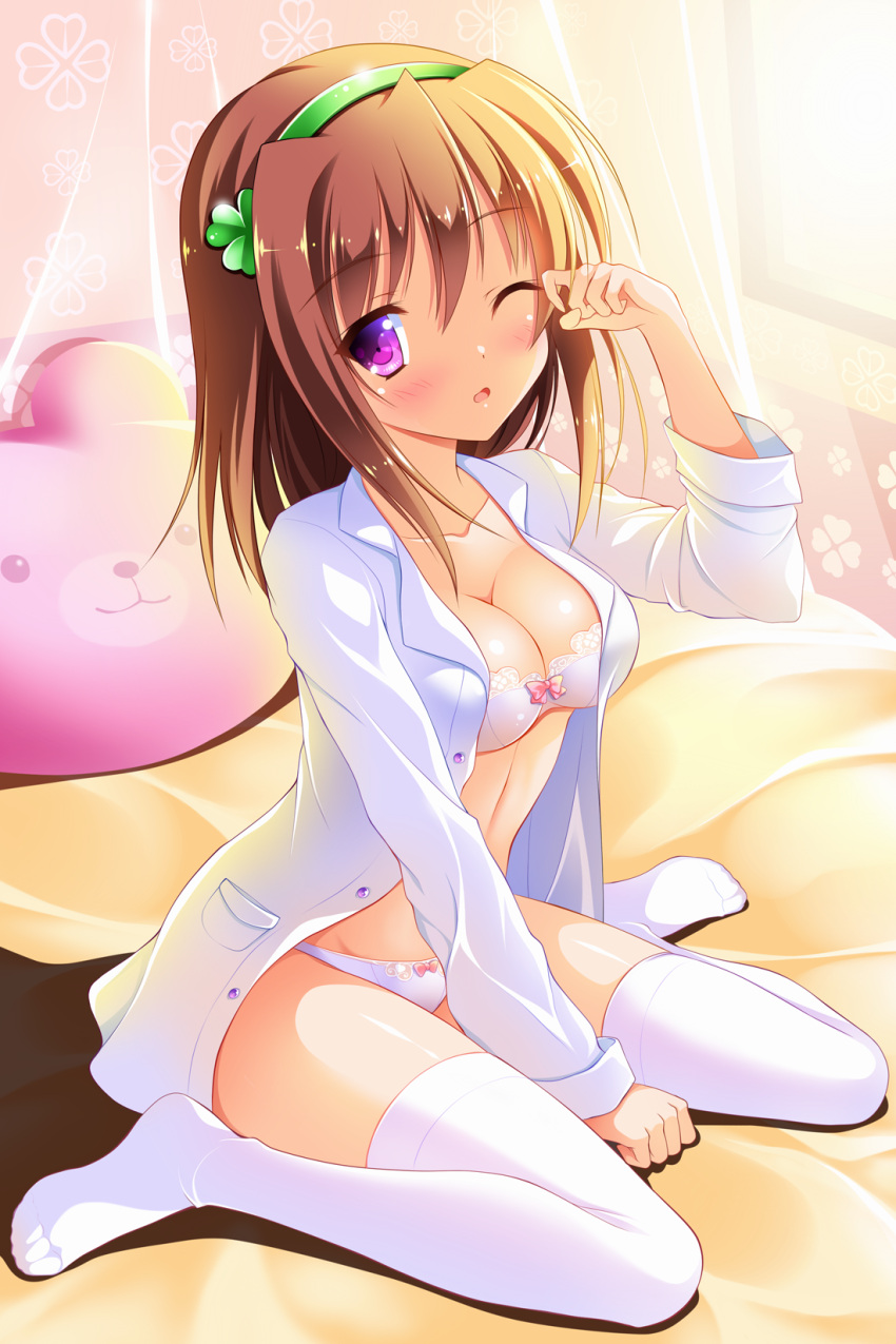 1girl animal_pillow arm_up bangs bed_sheet blush bow bow_bra bow_panties bra breasts brown_hair cleavage clover curtains dress_shirt eyebrows_visible_through_hair four-leaf_clover hair_between_eyes hairband highres large_breasts leaf_print long_hair looking_at_viewer on_bed one_eye_closed open_clothes open_shirt original panties parted_lips pink_bow rubbing_eyes shadow shirt sidelocks sitting solo sunlight thigh-highs thighs unbuttoned unbuttoned_shirt underwear violet_eyes waking_up wariza white_legwear white_panties yagami-all_hail_nanao