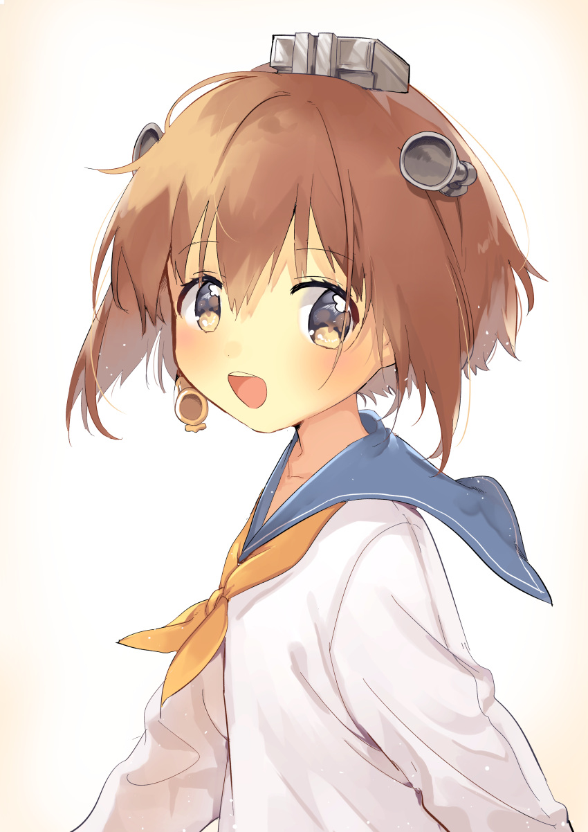 1girl :d absurdres bangs binoculars blush breasts brown_eyes brown_hair dress from_side hair_between_eyes headgear highres kantai_collection light_particles long_sleeves looking_at_viewer neckerchief open_mouth sailor_collar sailor_dress short_hair small_breasts smile solo white_background yellow_neckerchief yukikaze_(kantai_collection) zuho_(vega)