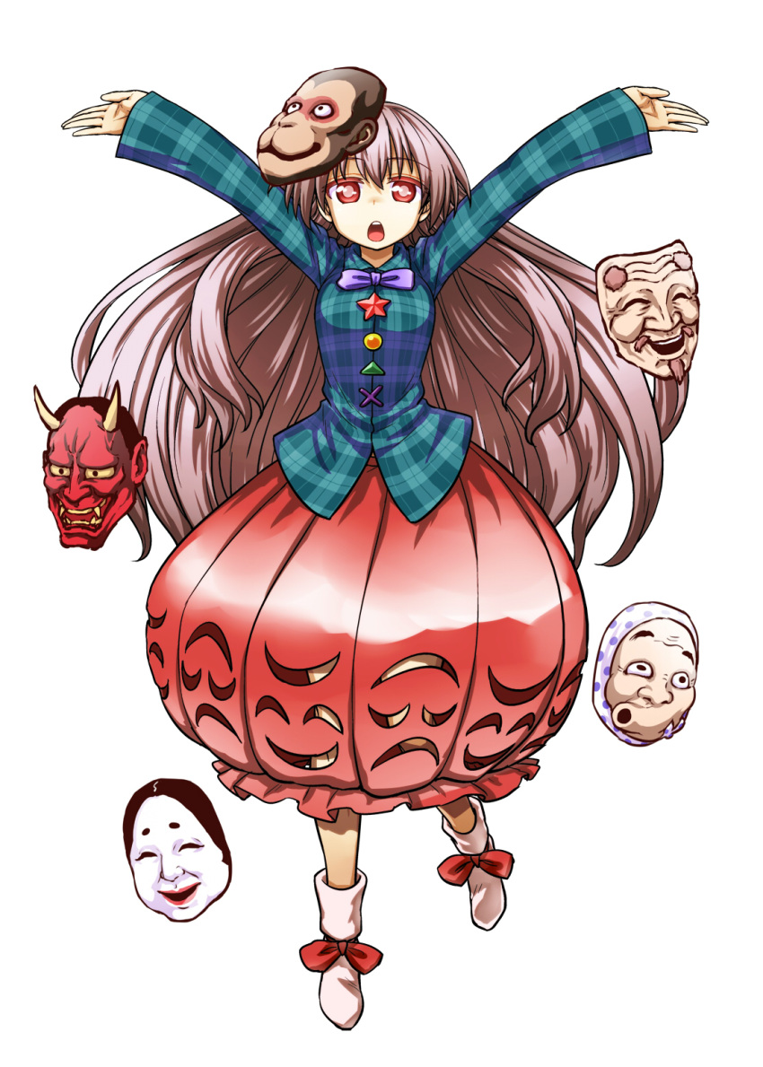 1girl arms_up blue_bow blue_bowtie boots bow bowtie bubble_skirt buttons chestnut_mouth commentary_request expressionless face_mask full_body hata_no_kokoro highres hyottoko_mask itou_yuuji long_hair long_sleeves looking_at_viewer mask mask_on_head monkey_mask oni_mask open_mouth pink_hair pink_skirt plaid plaid_shirt red_eyes shirt skirt solo star teeth touhou white_boots