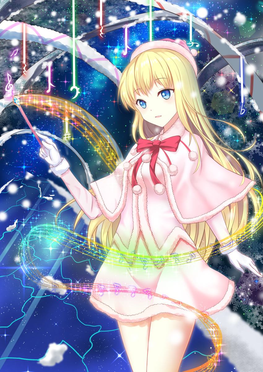 1girl bangs bass_clef beamed_semiquavers blonde_hair blue_eyes bow bowtie capelet clouds cowboy_shot crotchet_rest diffraction_spikes dress eyebrows_visible_through_hair flat_sign fur-trimmed_capelet fur-trimmed_dress fur_trim fuuro_(johnsonwade) gloves hat highres holding holding_wand lens_flare long_hair long_sleeves musical_note original parted_lips pink_dress pom_pom_(clothes) quaver red_bow red_bowtie sharp_sign sky snowflakes snowing solo sparkle staff_(music) star_(sky) starry_sky treble_clef very_long_hair wand white_gloves
