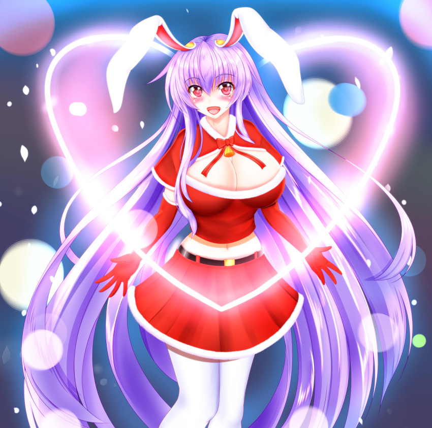 1girl animal_ears bell bell_collar blush breasts christmas cleavage collar heart highres kou_(inaba) large_breasts lavender_hair long_hair looking_at_viewer midriff navel open_mouth purple_hair rabbit_ears red_eyes reisen_udongein_inaba skirt solo touhou very_long_hair