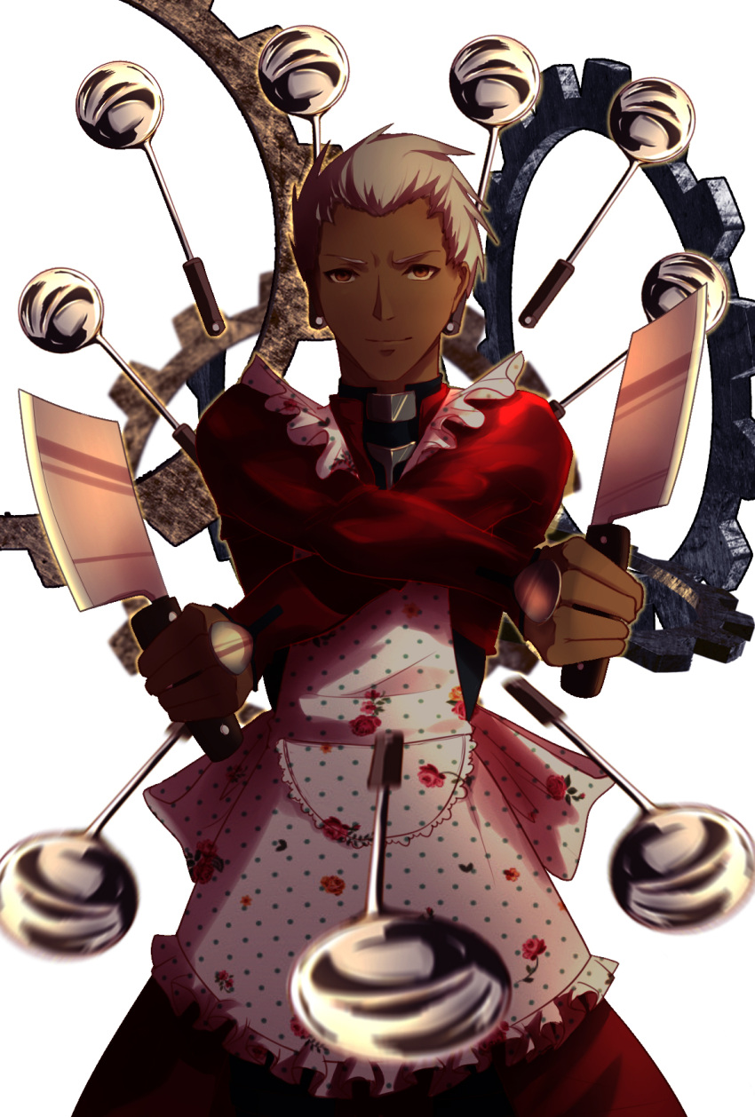 1boy apron archer artist_request cutlery dark_skin dark_skinned_male dual_wielding fate/stay_night fate_(series) floral_print foreshortening gears highres holding kitchen_knife knife meme parody rose_print solo spoon unlimited_blade_works white_background white_hair
