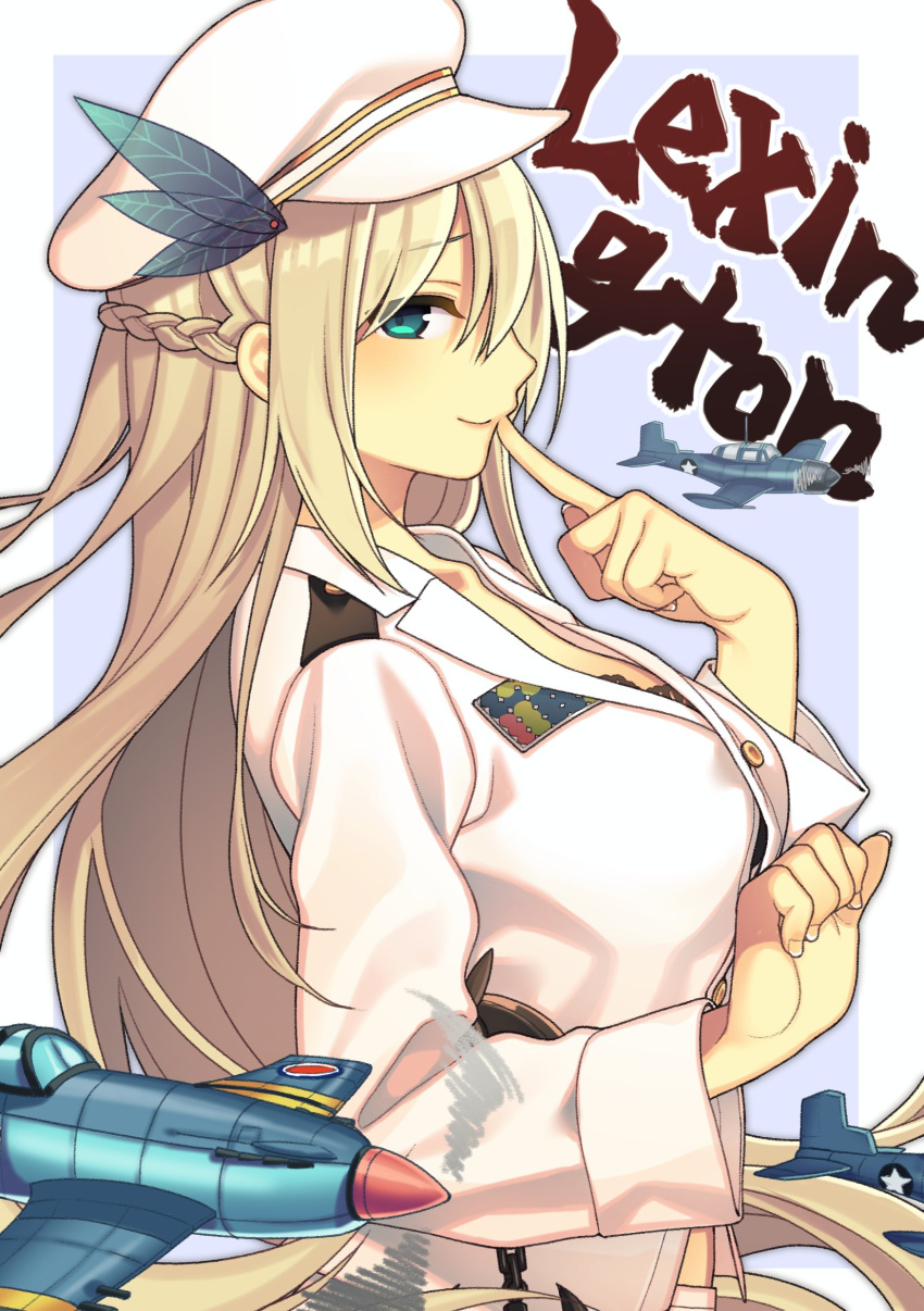 1girl absurdres aircraft black_bra blonde_hair blue_background blue_eyes blush bra braid breasts btd-1_destroyer buttons character_name crown_braid finger_to_mouth from_side hair_ornament hashido_kimitaka hat highres index_finger_raised jacket lace lace_bra lexington_(zhan_jian_shao_nyu) long_hair long_sleeves looking_at_viewer looking_to_the_side military_jacket peaked_cap solo supermarine_seafang text underwear upper_body white_background white_hat white_jacket zhan_jian_shao_nyu
