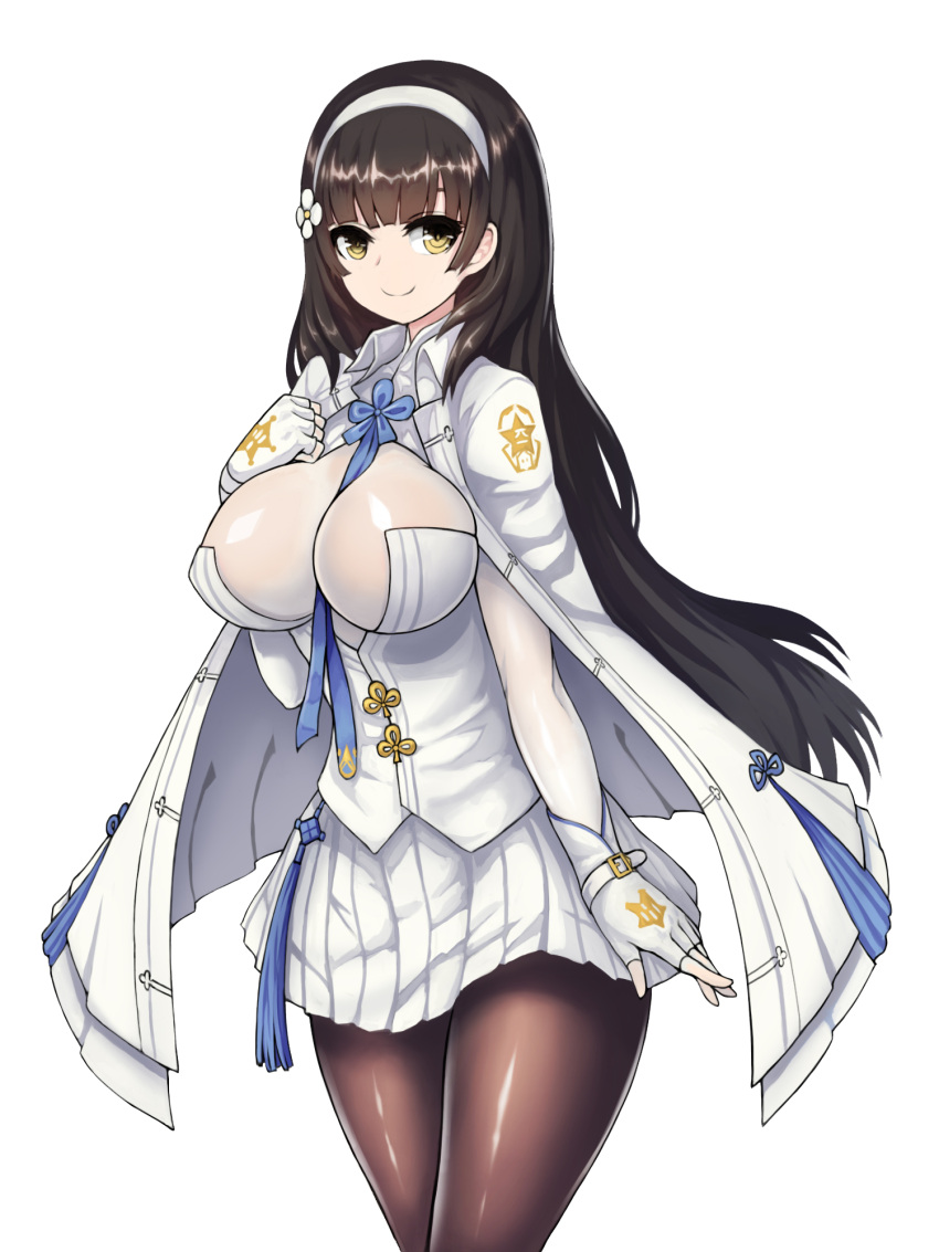 1girl black_hair breasts brown_legwear cape closed_mouth cowboy_shot fingerless_gloves girls_frontline gloves hairband highres impossible_clothes impossible_shirt large_breasts long_hair looking_at_viewer pantyhose pleated_skirt qbz-95_(girls_frontline) shirt skirt smile solo white_background white_gloves white_skirt yellow_eyes zofe