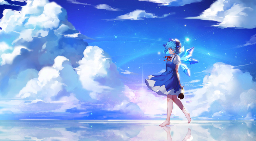 1girl absurdres arms_behind_back artist_name bangs barefoot blue_bow blue_dress blue_eyes blue_hair blue_sky bow brown_shoes budinger cirno closed_mouth clouds cloudy_sky collared_shirt day dress dress_shirt frozen_lake full_body hair_bow hair_ornament highres holding holding_shoes ice ice_wings legs_apart light_smile looking_at_viewer matching_hair/eyes neck_ribbon red_ribbon ribbon shirt shoes shoes_removed shooting_star short_dress short_hair short_sleeves sky sleeveless sleeveless_dress solo standing star_(sky) starry_sky touhou vest walking water white_shirt wing_collar wings