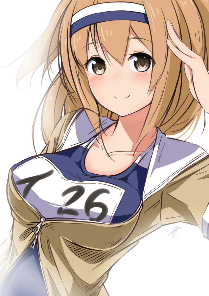 1girl breasts hairband highres i-26_(kantai_collection) kantai_collection large_breasts light_brown_eyes light_brown_hair long_hair new_school_swimsuit sailor_collar short_sleeves smile solo swimsuit tatusinomu two-tone_hairband two_side_up