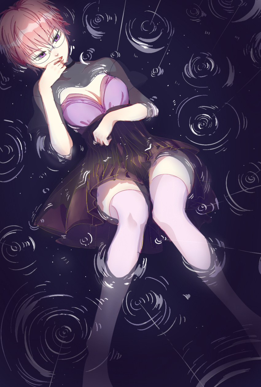 1girl bare_shoulders choker cloastra dress finger_in_mouth genderswap genderswap_(mtf) glasses highres looking_at_viewer lying on_back partially_submerged pink_hair purple_dress rain ripples saiki_kusuko saiki_kusuo saiki_kusuo_no_psi_nan short_hair solo thigh-highs violet_eyes water
