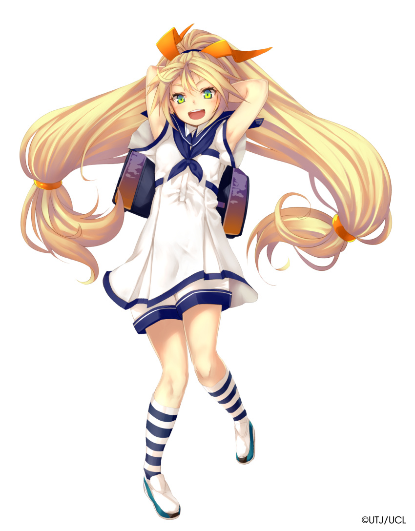 1girl blonde_hair gradient_eyes hands_behind_head necktie open_mouth schoolbag shorts simple_background solo straight_hair striped_legwear unity-chan unity_(game_engine) very_long_hair white_background