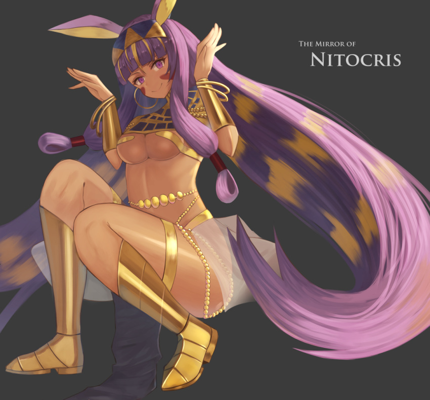 1girl blonde_hair boots bracelet breasts dark_skin earrings egyptian egyptian_clothes facial_mark fate/grand_order fate_(series) hairband hoop_earrings jewelry kanikou large_breatss long_hair midriff multicolored_hair nitocris_(fate/grand_order) purple_hair smile solo two-tone_hair under_boob very_long_hair violet_eyes