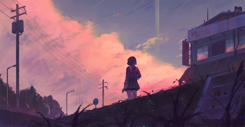 1girl aircraft airplane arms_at_sides black_hair black_serafuku black_skirt blue_sky building clouds condensation_trail evening from_behind from_below grass guweiz holding lamppost original power_lines reflection road_sign school_uniform serafuku short_hair sign skirt sky solo stairs standing telephone_pole thigh_gap window