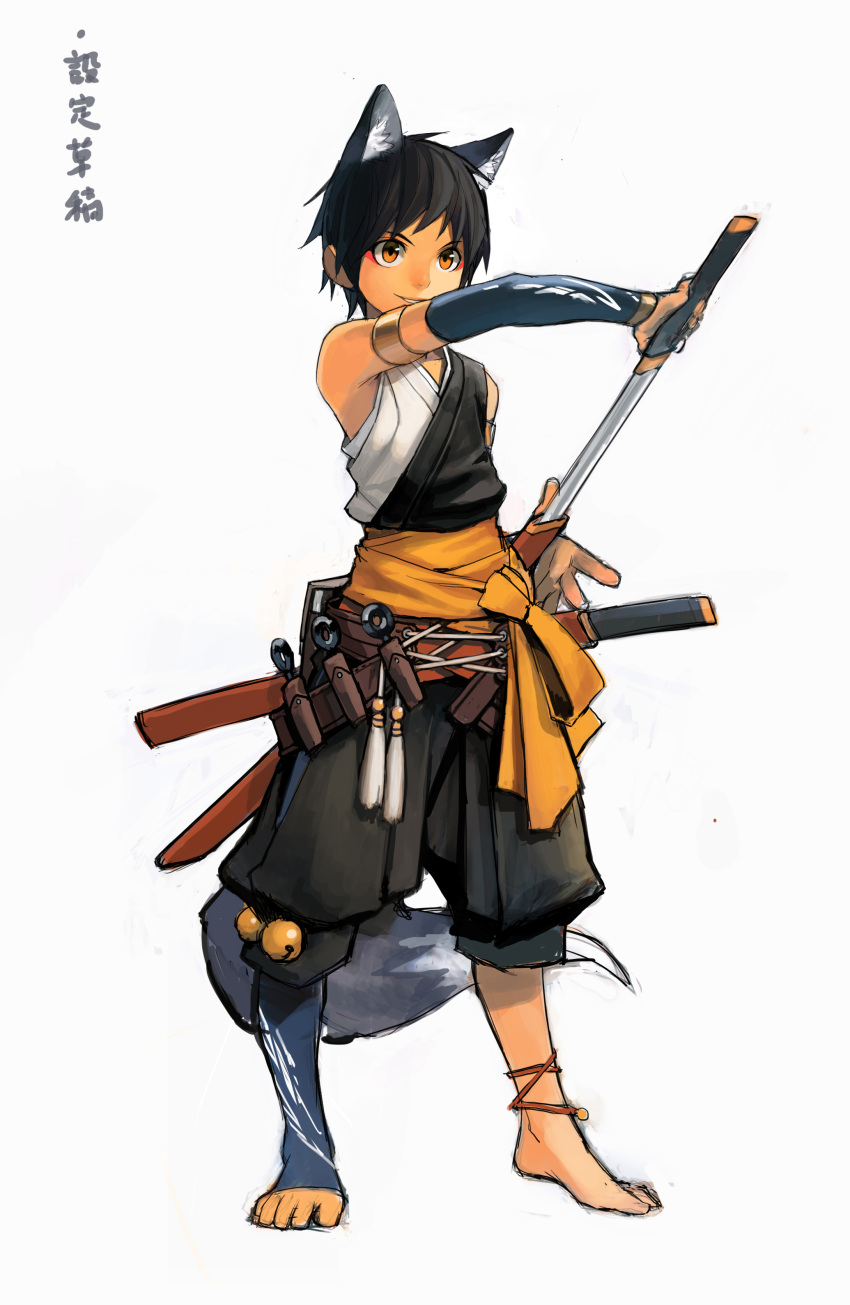 1boy absurdres animal_ears anklet barefoot black_hair blockun brown_eyes fox_ears fox_tail highres jewelry male_focus original smile solo sword tail toeless_socks weapon