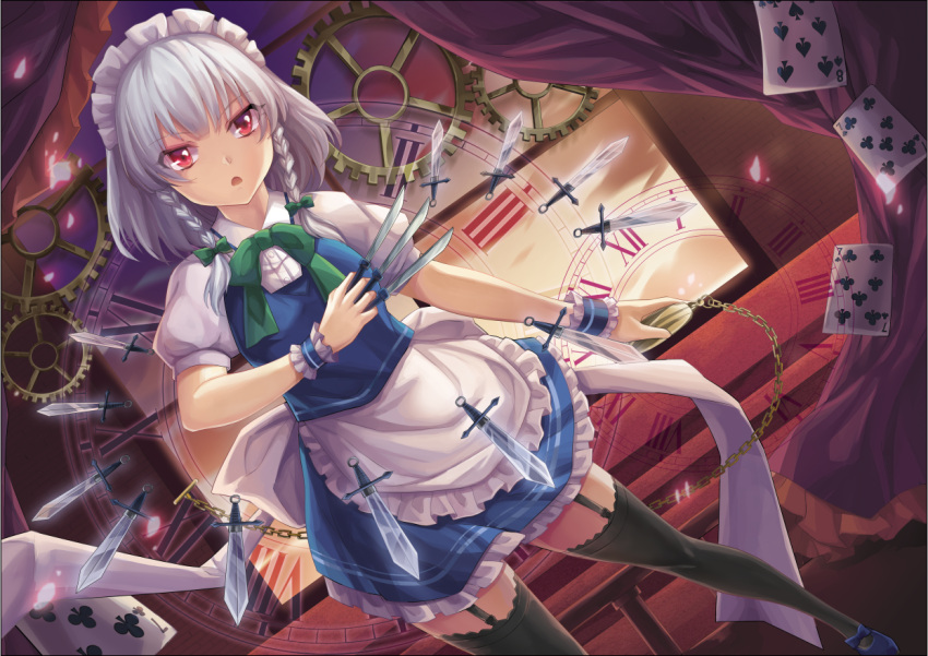 1girl apron black_legwear blue_footwear bow braid card commentary_request curtains dutch_angle frilled_apron frills garter_straps gears green_bow green_neckwear green_ribbon hair_bow holding holding_knife izayoi_sakuya knife knives_between_fingers maid_apron maid_headdress neck_ribbon parted_lips penny_(douding) petticoat red_eyes ribbon short_hair silver_hair solo thigh-highs touhou twin_braids window wrist_cuffs zettai_ryouiki