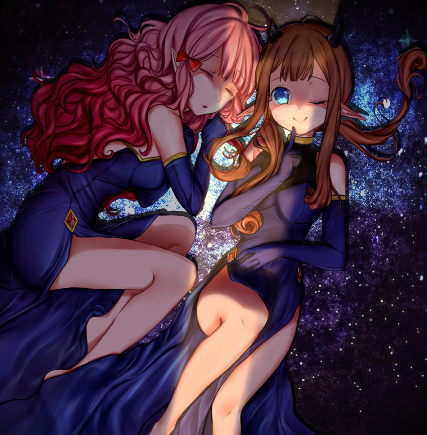 2girls :/ ;) barefoot blue_dress blue_eyes blue_gloves bow breasts brown_hair closed_eyes closed_mouth demon_horns dress elbow_gloves eyebrows_visible_through_hair finger_to_mouth gem gloves hair_bow hair_over_shoulder halloween halterneck head_tilt horns long_hair long_pointy_ears lying medium_breasts multiple_girls natariya on_back on_stomach one_eye_closed original parted_lips pelvic_curtain pink_hair pointy_ears red_bow sidelocks smile star starry_background twintails wavy_hair